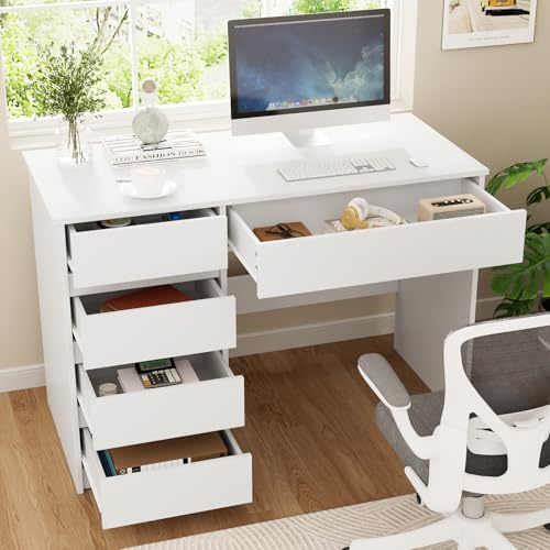 VOWNER Computer Desk 5 Drawers Home Office Desk Laptop Desk Storage | White desk with storage, 110 x 50 x 75 cm, ideal for home office, study, bedroom and small spaces.