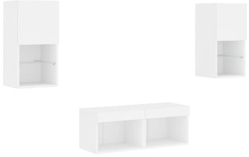 Vorpalize 4-TLG. TV-Wohnwand mit Beleuchtung, Weiß, Holzwerkstoff, schwebend, für Wohnzimmer, modernes Lowboard TV Schrank Set
