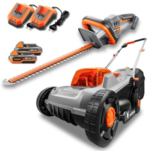 FUXTEC 20V Set de jardín inalámbrico FX-E1RM20ECO & FX-E1HS20 – cortacésped 30 cm, Cortasetos 52 cm, 2 baterías 2Ah + Cargador, recogedor 30 L