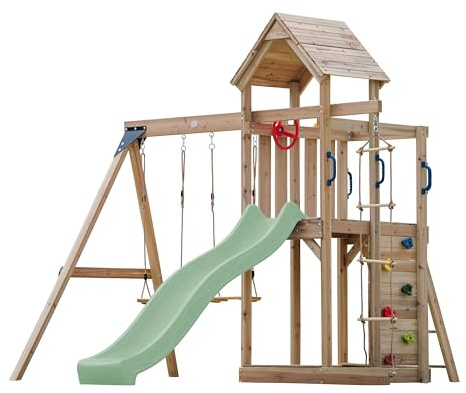 AXI Moos Spielturm aus Holz mit 2 Schaukeln & Strickleiter | XXL Spielhaus/Spielplatz für Kinder mit Kletterwand, Sandkasten & Rutsche in Pastellgrün | Schaukelgerüst für den Garten