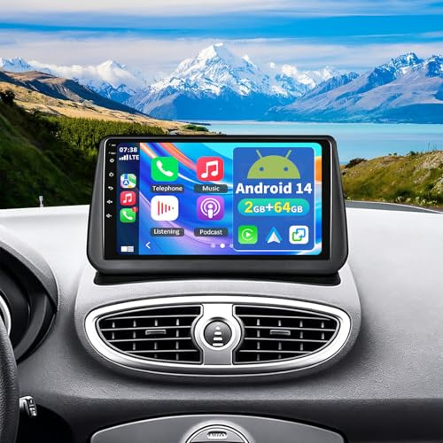 2+64G 9 Zoll Bluetooth Autoradio mit Bildschirm für Renault Clio 3 2005-2014 Android 14 2 Din Radio Carplay Android Auto Touchscreen FM RDS GPS Navigationsgeräte WiFi Mirror Link Rückfahrkamera