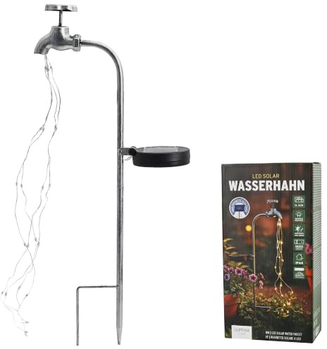 Cepewa LED Solar Gartenstecker Wasserhahn | 6x53x14cm 24 warmweiße LEDs Eisen Kunststoff | Akkubetrieben On-/Off-Schalter Erdspieß IP44 | Lichtsensor Außenbeleuchtung