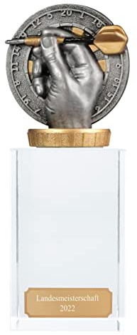 Pokal, Trophäe Dart / Darts mit Glassockel Größe S, M und L mit Gravur