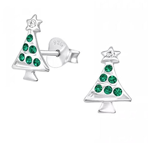 Christmas Tree Earrings with Green Sparkly Crystals 925 Sterling Silver