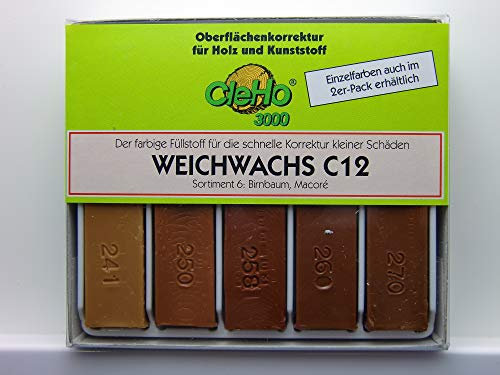 CleHo Weichwachs C12-5er Pack | Reparatur | Wachs | Holz | Möbel | Sortiment 6 | Birnbaum, Macoré