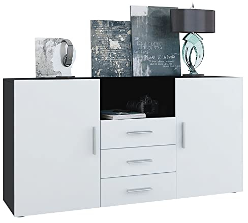Vladon Sideboard Skadu, Kommode mit 2 Türen, 3 Schubladen und 1 offenem Fach, Schwarz matt/Weiß matt (138,5 x 71,5 x 35 cm)