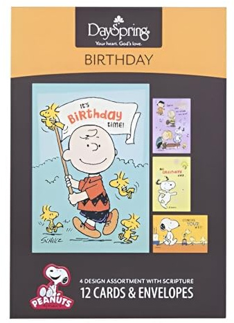 DaySpring Birthday Peanuts – 4 Design-Sortiment mit Schrift – 12 Geburtstagskarten und Umschläge
