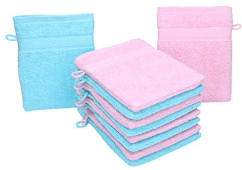 Betz Lot de 10 Gants de Toilette Palermo 100% Coton Taille 16x21 cm Couleur: Rose & Turquoise