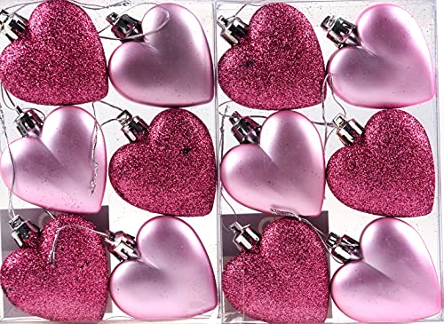 Set Of 12 Glitter Love Hearts Christmas Tree Baubles Decorations - Ice Pink