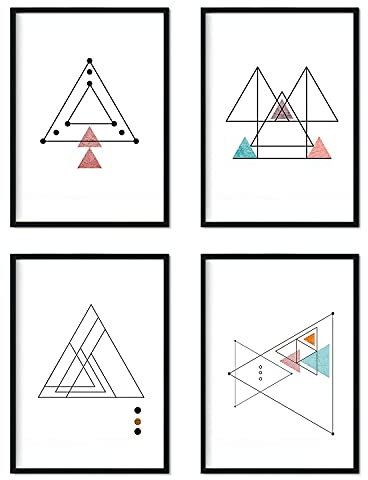 Nacnic 4 x dünne Linien Poster im nordischen Stil mit Dreiecken für Heimdekoration, geometrische Blätter in Rot- und Blautönen, A4, ohne Rahmen