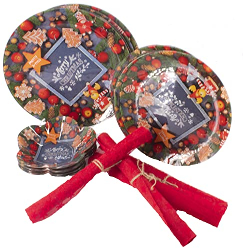 Gojoy shop- Juegos de Vajilla Vidrio,Navidad,16 Piezas para 4 Personas,Contiene 4 Cuencos,Platos Ø 30cm,Platos Ø 25cm y Salvamanteles Rojos. (Color Oscuro- Set navideña)