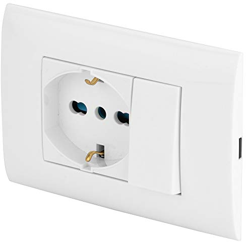 POLY POOL - PP6095X Placca Evolution Scatola 3 Moduli con Frutto Deviatore Elettrico e Frutto Presa Pluristandard - Kit Incasso con Supporto e Viti di Montaggio