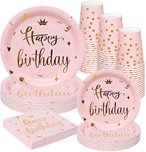 Rorchio Pappteller Kindergeburtstag Mädchen für 24 Gäste, Happy Birthday Partygeschirr Kindergeburstag Rosa Pappteller Servietten Set für Maedchen Kindergeburtstag