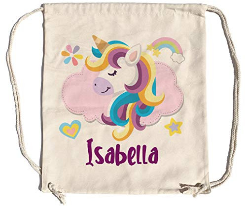 LolaPix Mochila Saco Infantil Personalizada con Nombre. Mochila de Cuerdas Personalizada niño para la Vuelta al Cole. Mochila Saco Kids. Unicornio Sonriente