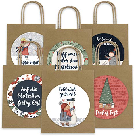Papierdrachen 6 Geschenktüten zu Weihnachten 18cm x 22.5cm x 8cm mit XXL Stickern - Weihnachtsgeschenke praktisch verpacken - Ideal zum Verschenken - Henkeltüte Motiv Cozy Winter