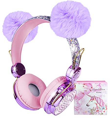 Kids Headphones Wireless, Girls Bluetooth Headphones w/Fluffy Ear, Adjustable Children Headphones Over On Ear with Mic for Teens/iPhone/iPad/Kindle/Online Study, w/Unicorn Gift Box for Birthday Xmas