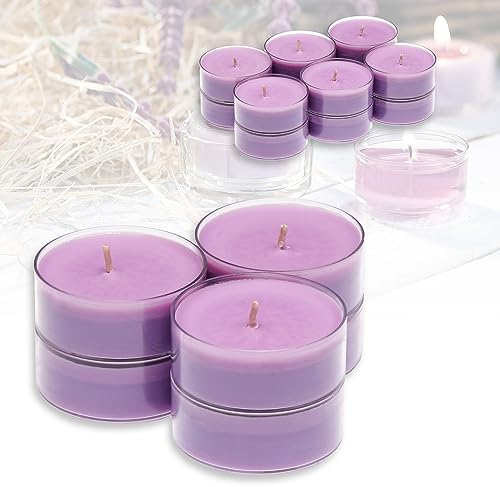 Candelo 12er Set XXL Duft Kerzen Ambiente - Duftteelichter Vanille-Lavendel - Jumbo Teelicht in Kunststoff Hülle - 8 Std Brenndauer - Große Teelichter in 3 Farben, Vil-64070, Mehrfarbig