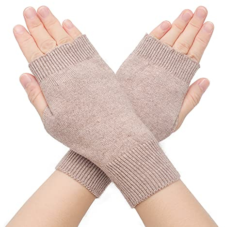 ZLYC Winter Wolle Halbfinger Handschuhe Stricken Fingerlose Armwärmer (Schlichtes Tan)