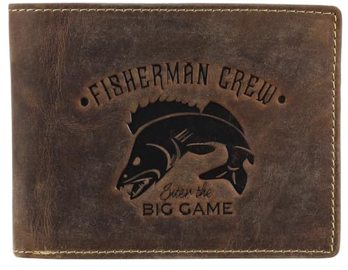 Greenburry Vintage Fisherman Crew Leder Geldbörse Portemonnaie Geldbeutel Portmonee BV-1796-FC-PikePerch Zander Fisch Angler, Farbe:Braun