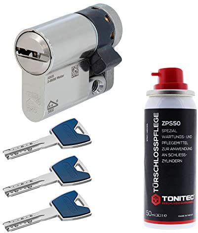 ToniTec Set aus ABUS Schließzylinder EC880 inkl. 3 Schlüssel modular verschiedenschließend Halbzylinder 10/35|Türzylinder Sicherheitsschloss mit Sicherungskarte und ToniTec Pflegespray