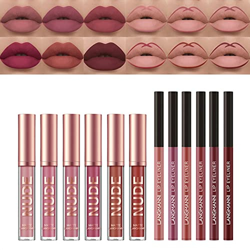MKNZOME Flüssiger Lippenstift und Lipliner Set,12 Stück Matte Ink Wasserfest Langlebiger Make Up Lipgloss Set Antihaft Tasse Lipstick Lippentönung Schminke Geschenk für Frauen Mädchen