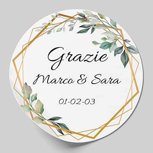 56 Etichette adesive personalizzate da 4 cm per matrimonio, compleanno, comunione, nascite, battesimie feste. Adesivi con testo personalizzabile (Modello A)