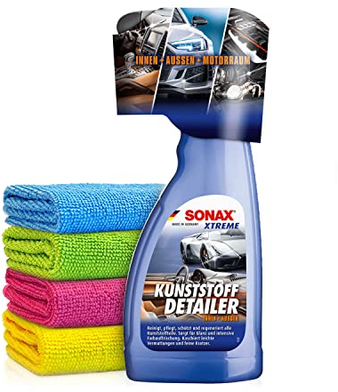 Autopflege Set: SONAX XTREME KunststoffDetailer Innen + Außen Auto Kunststoff Pflege Detailer 500ml + Shiny Freaks Allzweck Mikrofasertücher | 5-teilig