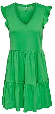 ONLY Damen Kurzes Rüschen Kleid Kurzarm Mini Dress mit V-Ausschnitt aus Baumwolle ONLMAY, Farben:Grün-2, Größe:M