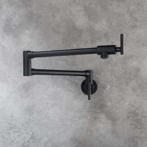 Black Pot Filler Faucet, Wall Mounted Solid Brass Pot Filler Folding Sink Faucet with Double Joint Swing Arm and Single Hole 2 Handles, Matte Black