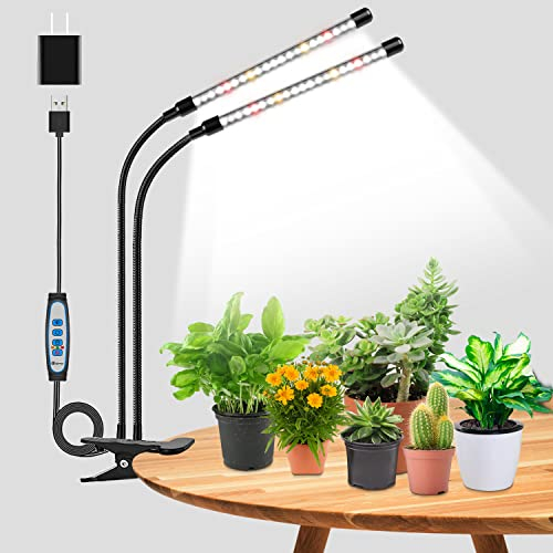 Wolezek Luces de cultivo para plantas de interior, 6000 K, 40 luces LED de espectro completo para interiores, lámpara de cultivo blanca con clip, temporizador de encendido y apagado automático