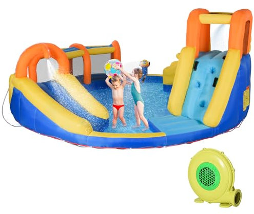 Outsunny Castillo Hinchable para Niños de 3-8 Años Castillo Inflable con Inflador Parque Acuático con Cesta de Baloncesto Piscina Tobogán y Bolsa de Transporte 435x435x200 cm Multicolor