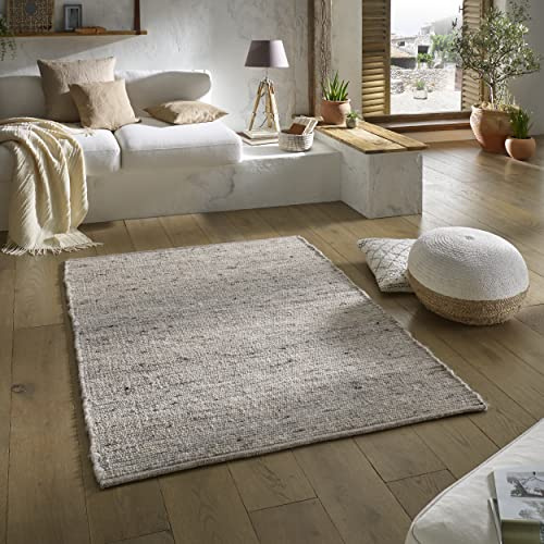 TacaHome Wollteppich Natur Handweb Teppich I Reine Schur-Wolle im Skandinavischen Design I Wohnzimmer Schlafzimmer Esszimmer Kinderzimer Büro | 140 x 200 cm Grau Meliert