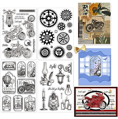 GLOBLELAND 4 Blatt Transparente Stempel „Motorrad Und Ausrüstung“ Für Die Kartenherstellung, Fahrzeugtext, Etikett, Silikon, Transparente Stempel, Siegel, Transparente Stempel Für DIY, Scrapbooking
