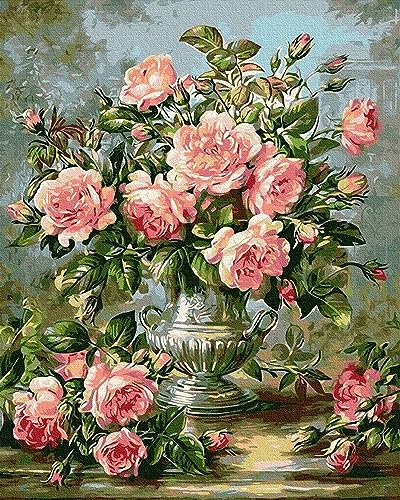 Artnapi Malen nach Zahlen Erwachsene ohne Rahmen | DIY Handgemalt | Blumenstrauß aus Rosen | Kit für Anfänger und Erwachsene | Set inklusive Acrylfarben & Pinsel | 40x50cm Leinwand