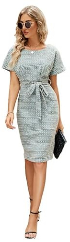 JASAMBAC Damen Tweed Bleistiftkleid, Elegantes Business, figurbetont, kurzärmelig, zum Arbeiten, Bürokleid