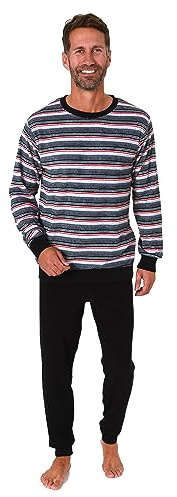 Normann Herren Frottee Schlafanzug Langarm, Pyjama mit feinem Ringel-Muster