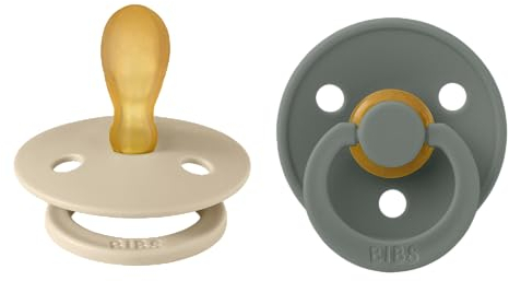 BIBS Colour Symmetrical Soother 2-Pack, BPA Free Dummy Pacifier, Symmetrical Nipple. Natural Rubber Latex, Made in Denmark, Size 2 (6-18 Months), Vanilla/Pine