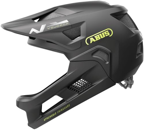 ABUS YouDrop Youth Mountain Bike Helmet - Bicyle Safety Certified, Removable Chin Guard, Designed for Kids (Velvet Black, One Size)