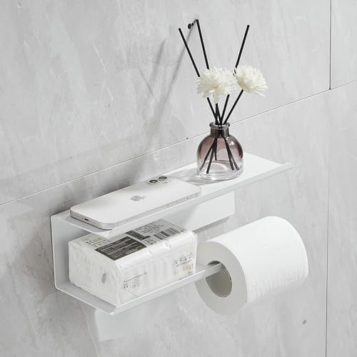 Toilettenpapierhalter Groß mit Duales Ablage,Klopapierhalter Feuchttücher Bewahrung, Bohren, für Badezimmer und Küche, Weiß
