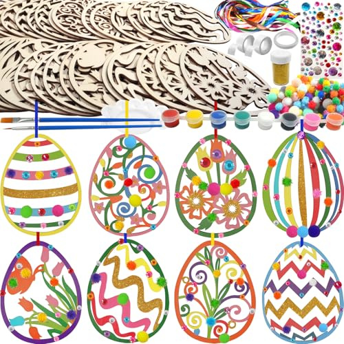 4BAOHUI Ostern Basteln Kinder, 221 Stück Holzanhänger Ostern Zum Bemalen, DIY Osteranhänger Holz Bemalen, Ostern Anhänger Holz, Bastelset Ostern mit Holzanhänger Aquarellstift Strass Auge Glocke Seil