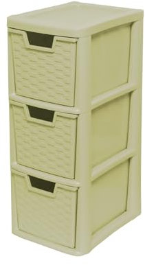 SIDSONS 3 Tier Rattan Style Medium 3 Drawer Chest Tower Storage Unit Desktop A5 Size Tabletop Office Home School Organizer Stationery Cosmetic Organiser - Cream Colour - 47cm (H) x 25cm (D) x 19cm (W)