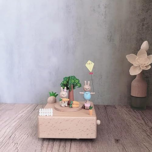 QNINE Spieluhr Kaninchen und Skateboard aus Buchenholz Spieldose Musikbox mit Kanon D-Dur, Holzspielzeug Geschenk für Geburtstag Valentinstag Weihnachten Ostern