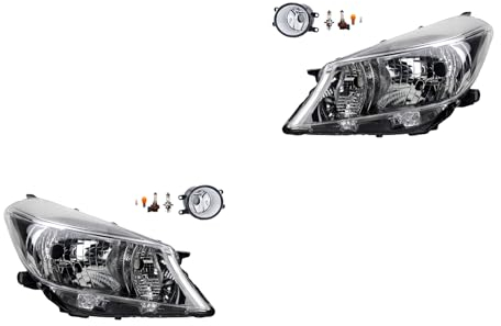 Johns, Scheinwerfer Satz Halogen Front passend für Toyota Yaris XP13 09/2011-07/14 H4 Links & Rechts + Nebelscheinwerfer + Leuchtmittel