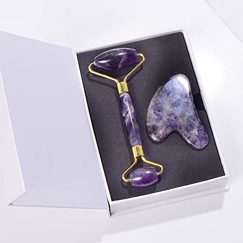 Amethyst-, Naturstein-Gesichtsroller, Gua Sha-Werkzeugset, Kratzkristallmassage, 2-teiliges Set Voller Textur