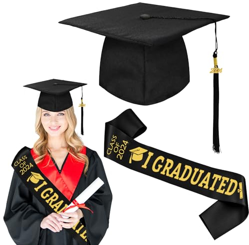 LYNBLY Bachelor Hut, Doktorhut, Abschluss Hut, Graduation Hat, mit Graduation Hat Quasten Anhänger Schärpe, Abitur Geschenke für Abschlussfeiern vom Studium, Universität, Hochschule, Abitur, Unisex