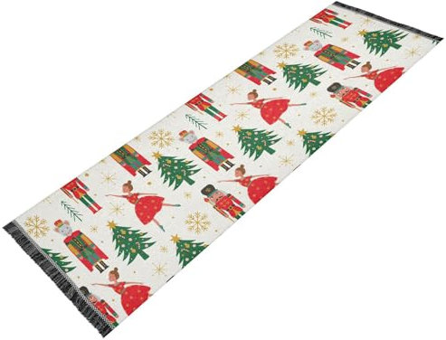 linqin Christmas Tree Nutcracker Living Room Runner Washable Non Slip Bath Rug Tassel Floor Rug for Outdoor Patio Home Decor