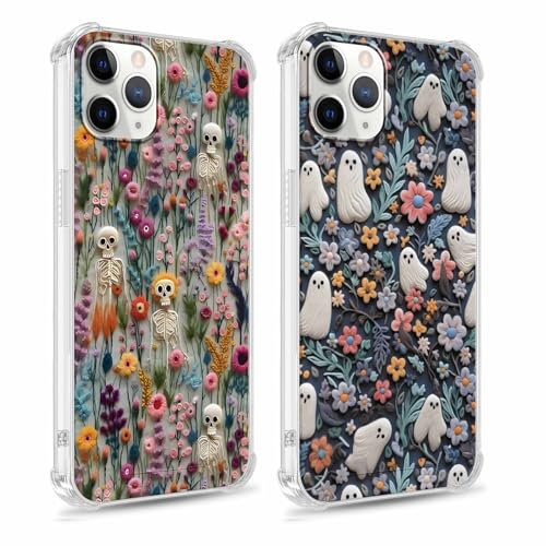 Yomjew 2 Pack Floral Ghost Phone Case for iPhone 11 Pro 5.8 Case, Aesthetic Design for Girl Women Men Clear Cases Soft Silicone Slim TPU Shockproof Protective Fundas