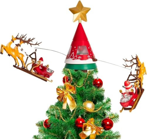 Puntale per Albero di Natale, Puntale Girevole a 360°,Con 2 Slitte Punta per Albero con Babbo Natale con Slitta e Renne, Luci Suoni e Movimento Ricaricabile Misura 65x41 cm