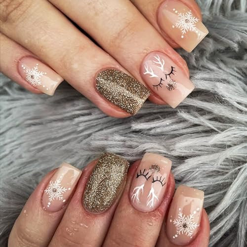 French Tip False Nails - 24 Pcs Square Glitter Gold Press On With Snowflake & Christmas Elk Design - Cute Fake Stick On for Women