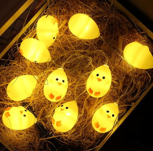 Ding Yongliang Osterküken Lichterkette, batteriebetrieben, 2 m, 10 LEDs, Dekoration für Zuhause, Innen- und Außenbereich, Osterkorb, Eier, Party, saisonale Schlafzimmerdekoration
